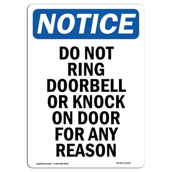 Signmission OSHA Notice Sign, 10" Height, Rigid Plastic, Do Not Ring Doorbell Or Knock Sign, Portrait OS-NS-P-710-V-11356 - main